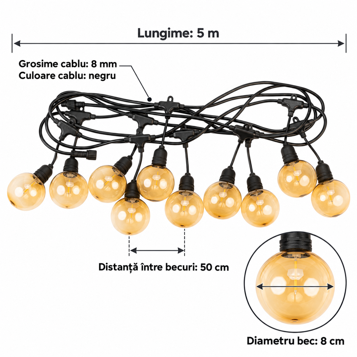 Ghirlandă Luminoasă LED TerraGlow, 5 m, cu 10 Becuri, pentru Interior și Exterior, Alimentare Solară sau 220 V