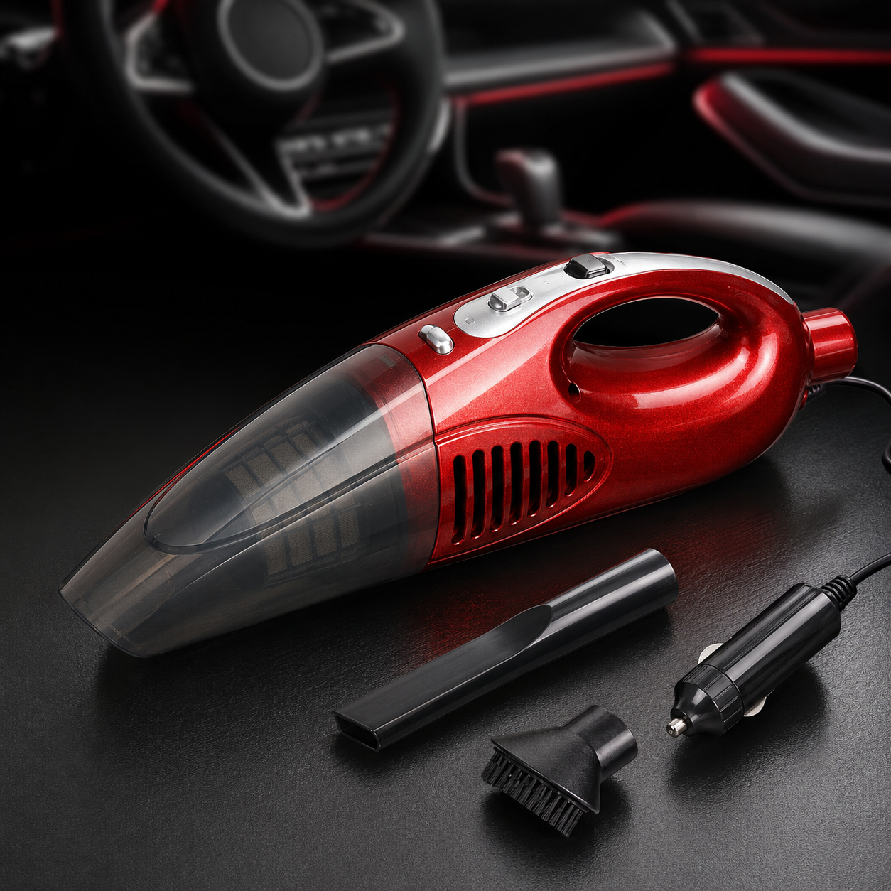 Aspirator Auto Ciclonic 160W + Accesorii, Fără Sac, alimentare mufa brichetă