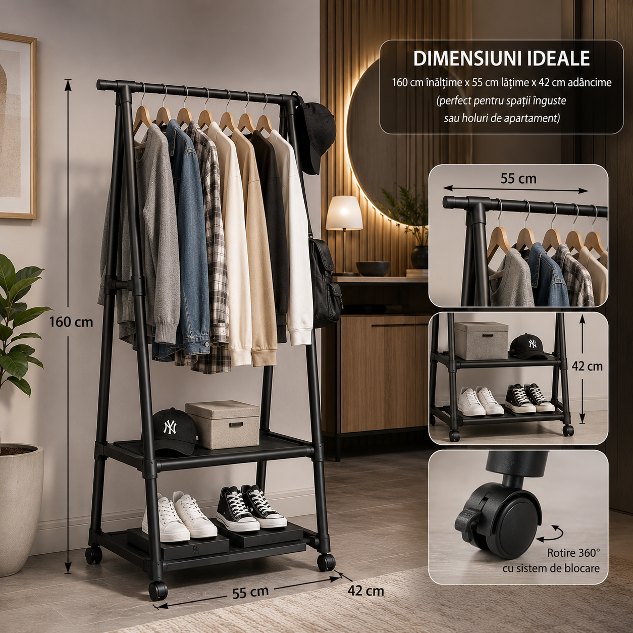 Stativ Vestimentar Urban Loft SpaceSaver, Metalic, cu Roți și Suport Pantofi