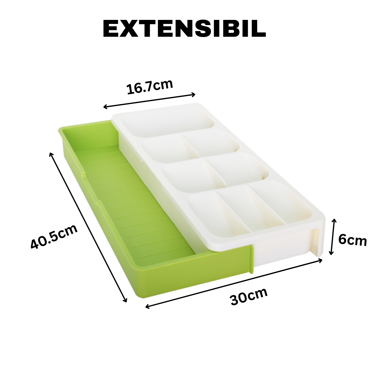 Organizator Extensibil din Plastic pentru Tacâmuri, 40,5 x  16,7–30 cm (Lățime Reglabilă) × 6 cm