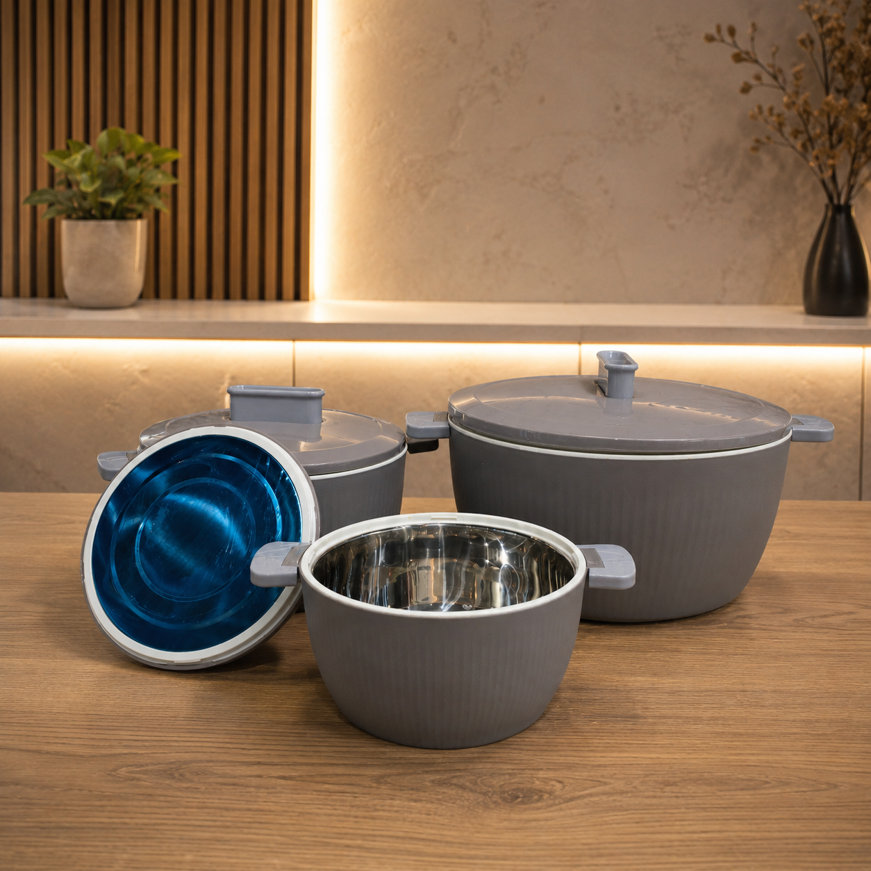 ThermoGrip Inox - SET 3 Caserole termice premium cu interior din Inox și Izolație din Spumă, Până la 4h Cald / 6h Rece - diferite modele