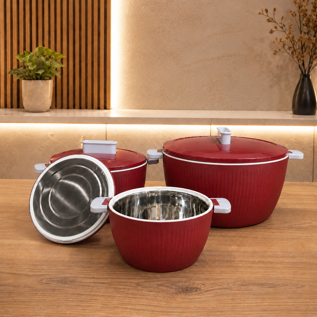 ThermoGrip Inox - SET 3 Caserole termice premium cu interior din Inox și Izolație din Spumă, Până la 4h Cald / 6h Rece - diferite modele