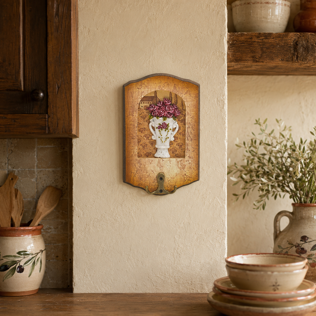 Cuier Decorativ de Perete cu Cârlig Dublu – Maro Rustic (11 x 17 cm)