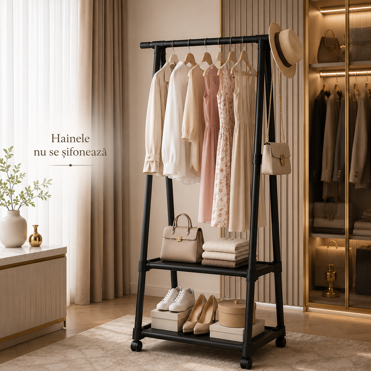 Stativ Vestimentar Urban Loft SpaceSaver, Metalic, cu Roți și Suport Pantofi
