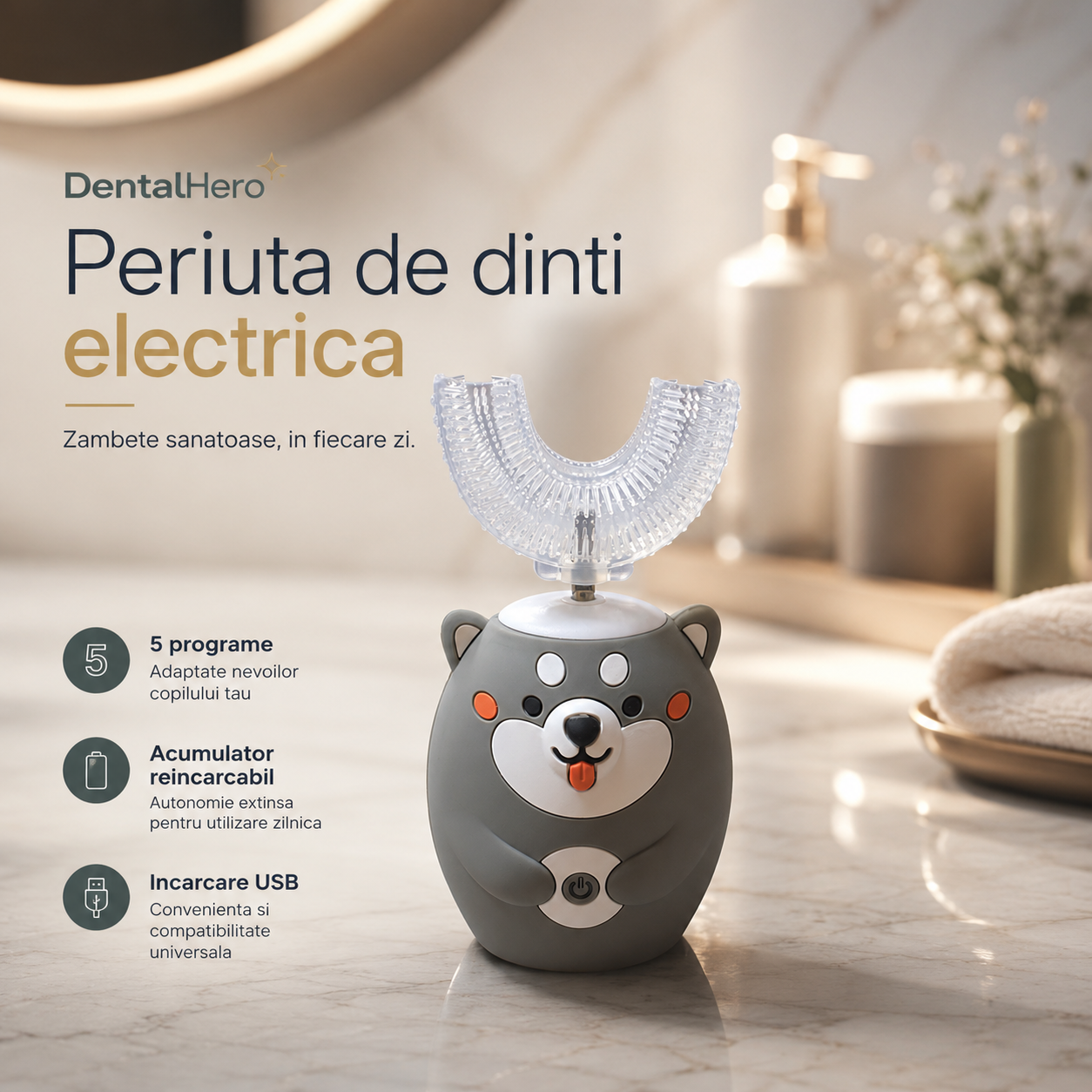 Periuță de dinți electrică DentalHero pentru copii 3-12 ani, 5 programe, acumulator, încărcare USB