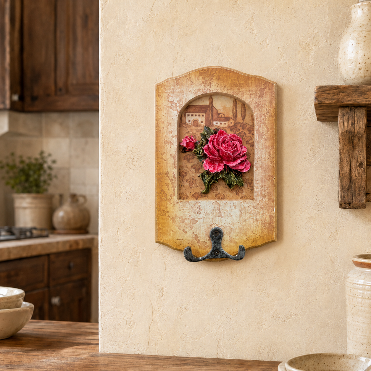 Cuier Decorativ de Perete cu Cârlig Dublu – Maro Rustic (11 x 17 cm)