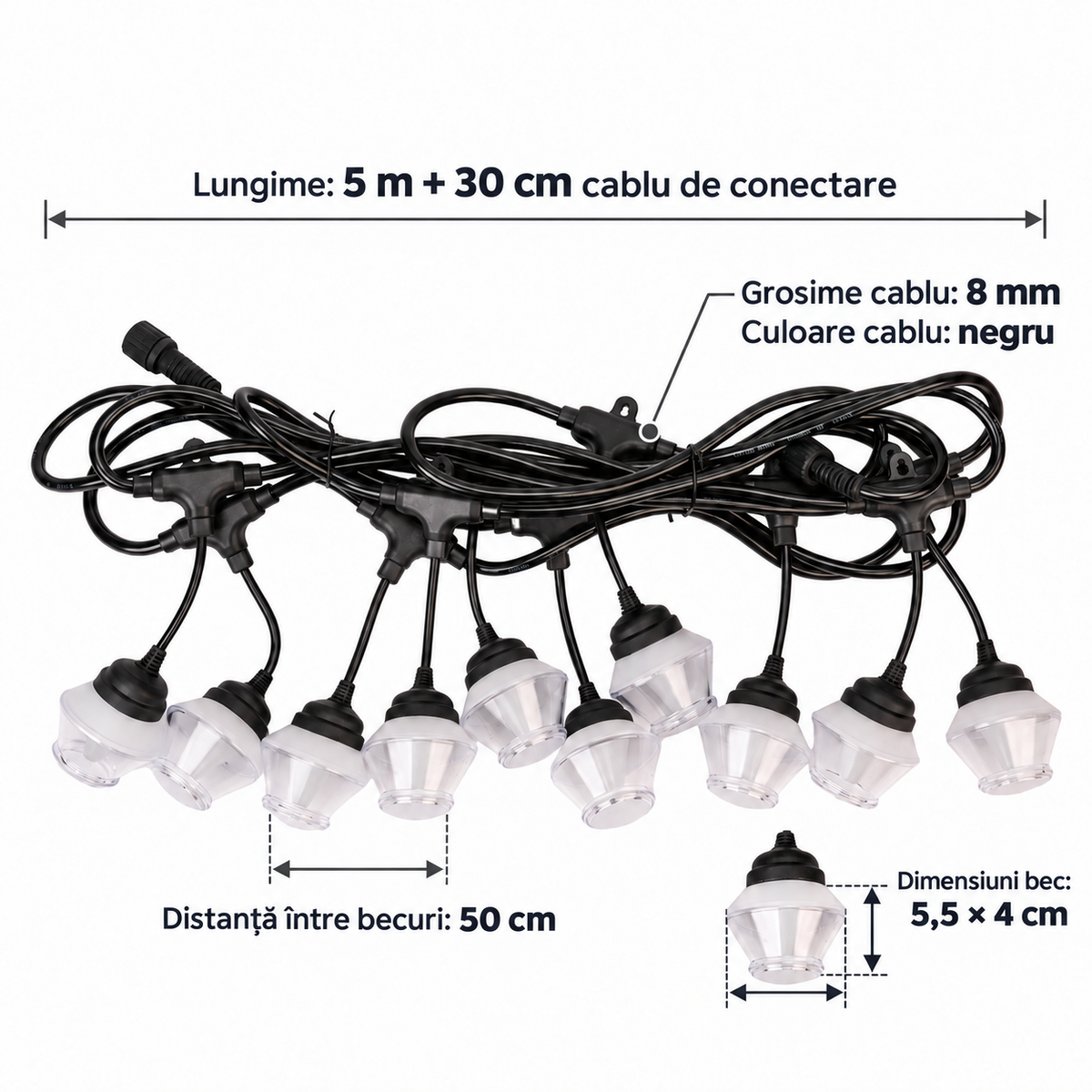 Ghirlandă Luminoasă LED TerraGlow, 5 m, cu 10 Becuri, pentru Interior și Exterior, Alimentare Solară sau 220 V