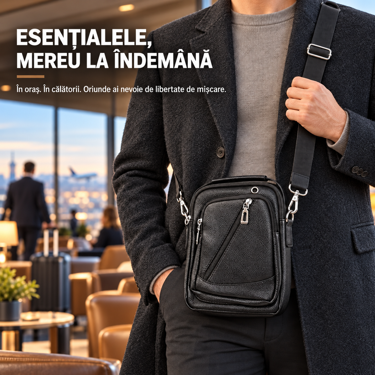 Borsetă de umăr pentru bărbați Companion, 4 compartimente cu fermoar, piele ecologică, curea reglabilă, 17 × 8 × 23 cm, Negru/Maro închis
