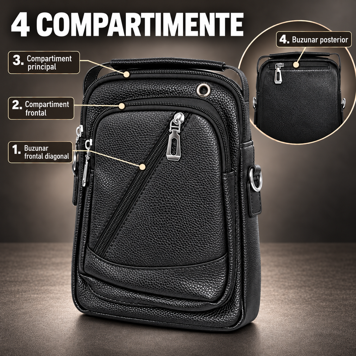 Borsetă de umăr pentru bărbați Companion, 4 compartimente cu fermoar, piele ecologică, curea reglabilă, 17 × 8 × 23 cm, Negru/Maro închis