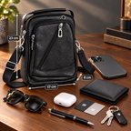 Borsetă de umăr pentru bărbați Companion, 4 compartimente cu fermoar, piele ecologică, curea reglabilă, 17 × 8 × 23 cm, Negru/Maro închis