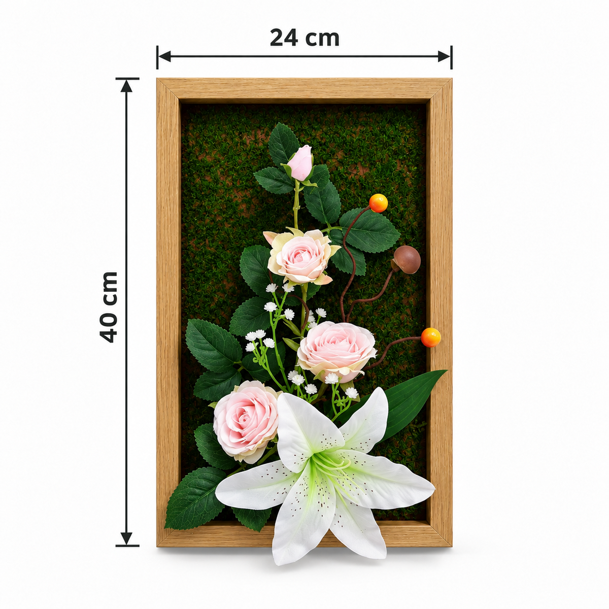 Tablou Floral Decorativ 3D FloraVista, cu Flori Artificiale, Fundal Verde și Ramă de Lemn, pentru Perete, 24 × 40 cm