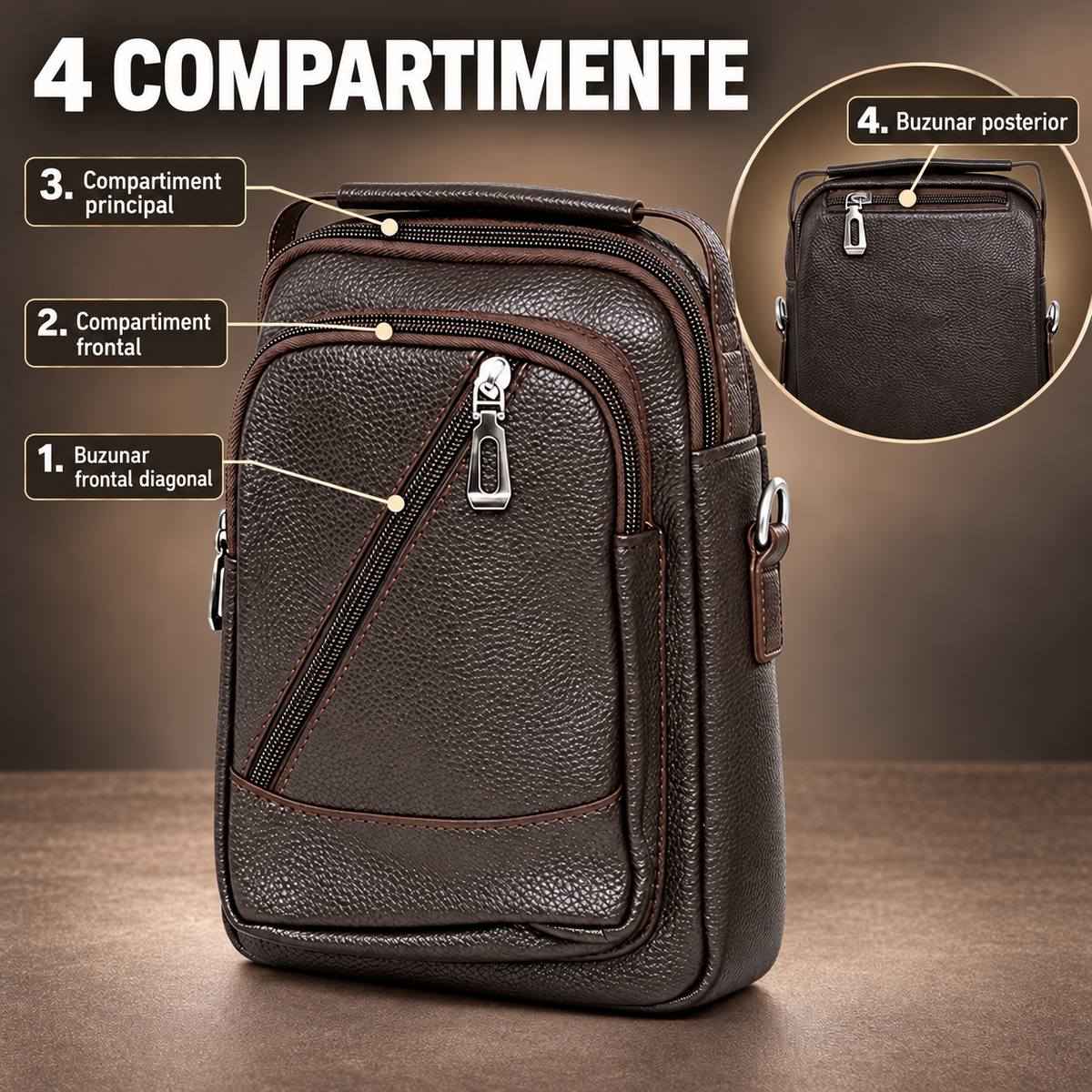 Borsetă de umăr pentru bărbați Companion, 4 compartimente cu fermoar, piele ecologică, curea reglabilă, 17 × 8 × 23 cm, Negru/Maro închis