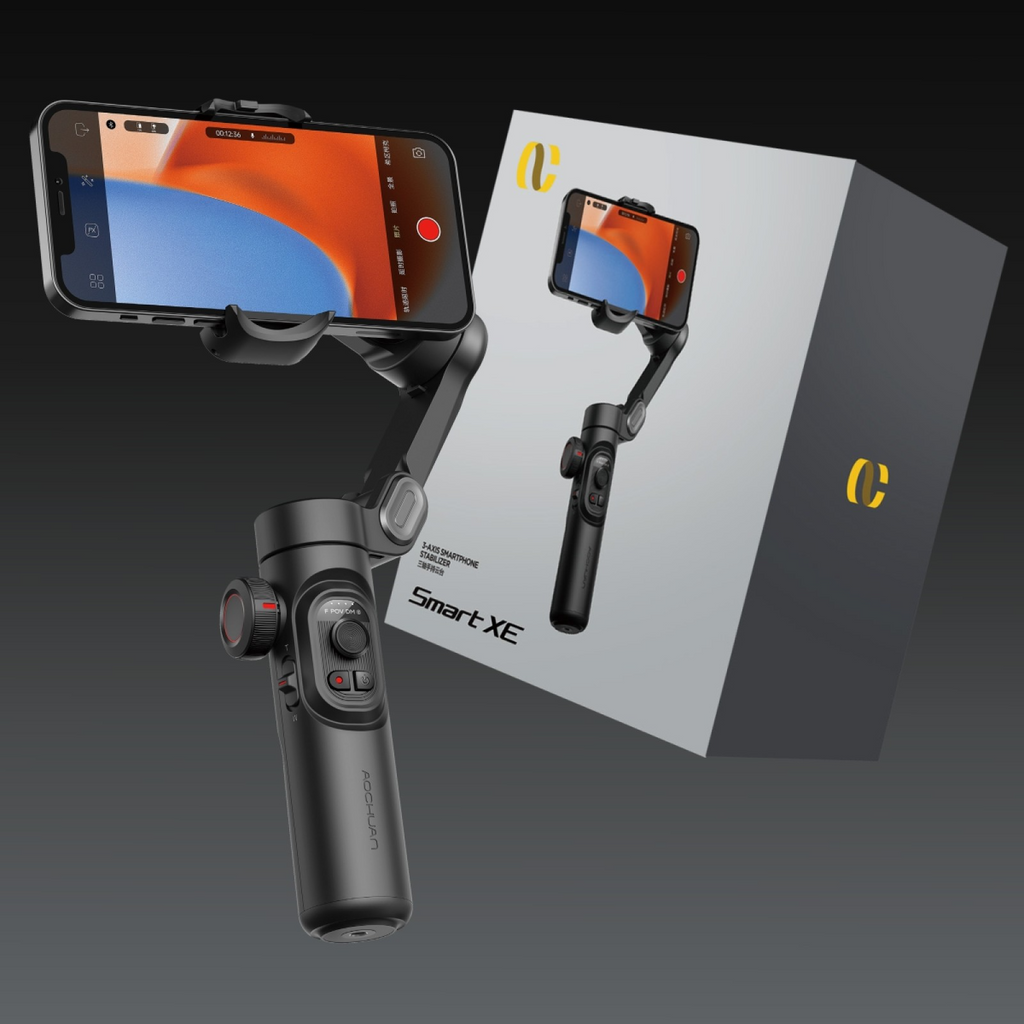 Pachet promo: Gimbal Aochuan SMART XE, D6730 + D6736 Lumina RGB Aochuan cu placute magnetice, aplicatie dedicata, Content Creator Edition, Negru Mat