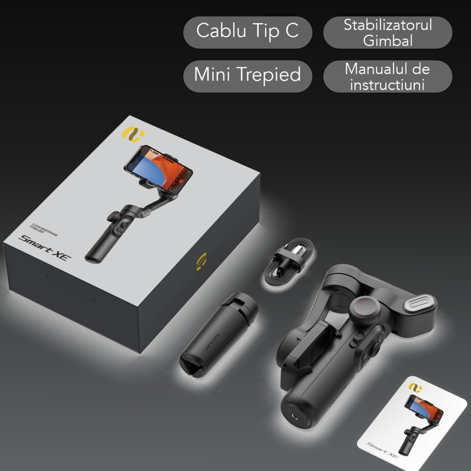 Pachet promo: Gimbal Aochuan SMART XE, D6730 + D6736 Lumina RGB Aochuan cu placute magnetice, aplicatie dedicata, Content Creator Edition, Negru Mat