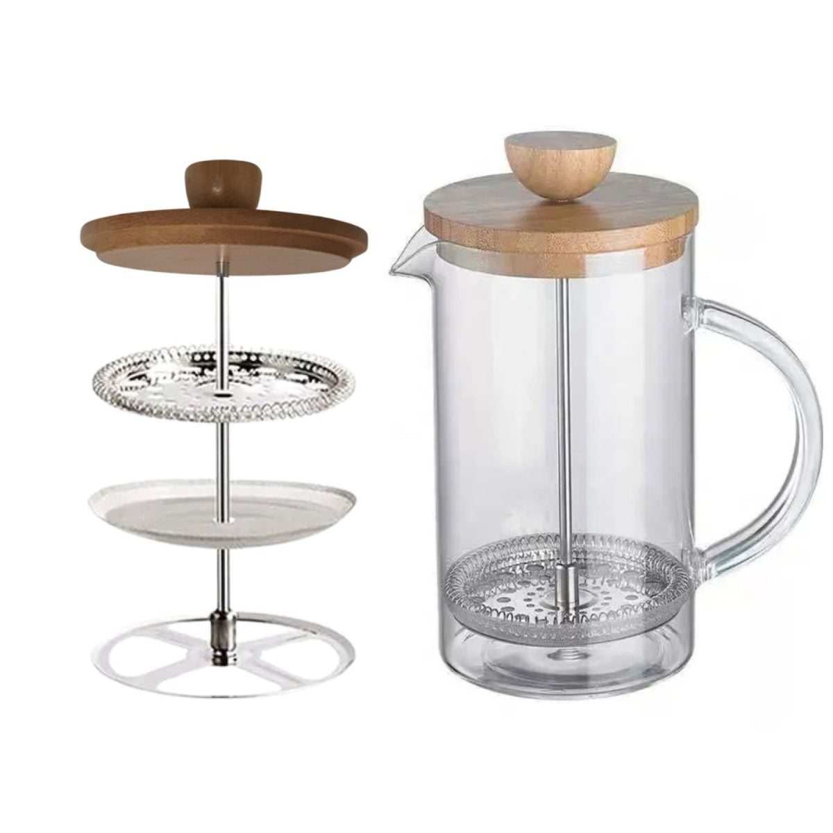 Infuzor multifuncțional French Press din sticlă borosilicată, cu capac din bambus și filtru din inox, 800 ml