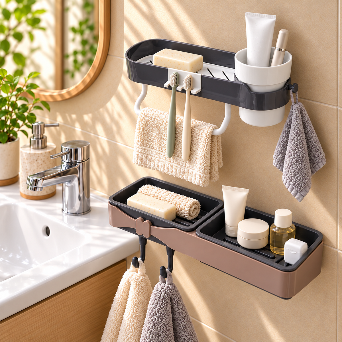 Set 2 Accesorii pentru Baie AquaDuo, pentru Organizare, Depozitare și Prosoape – 4 Variante