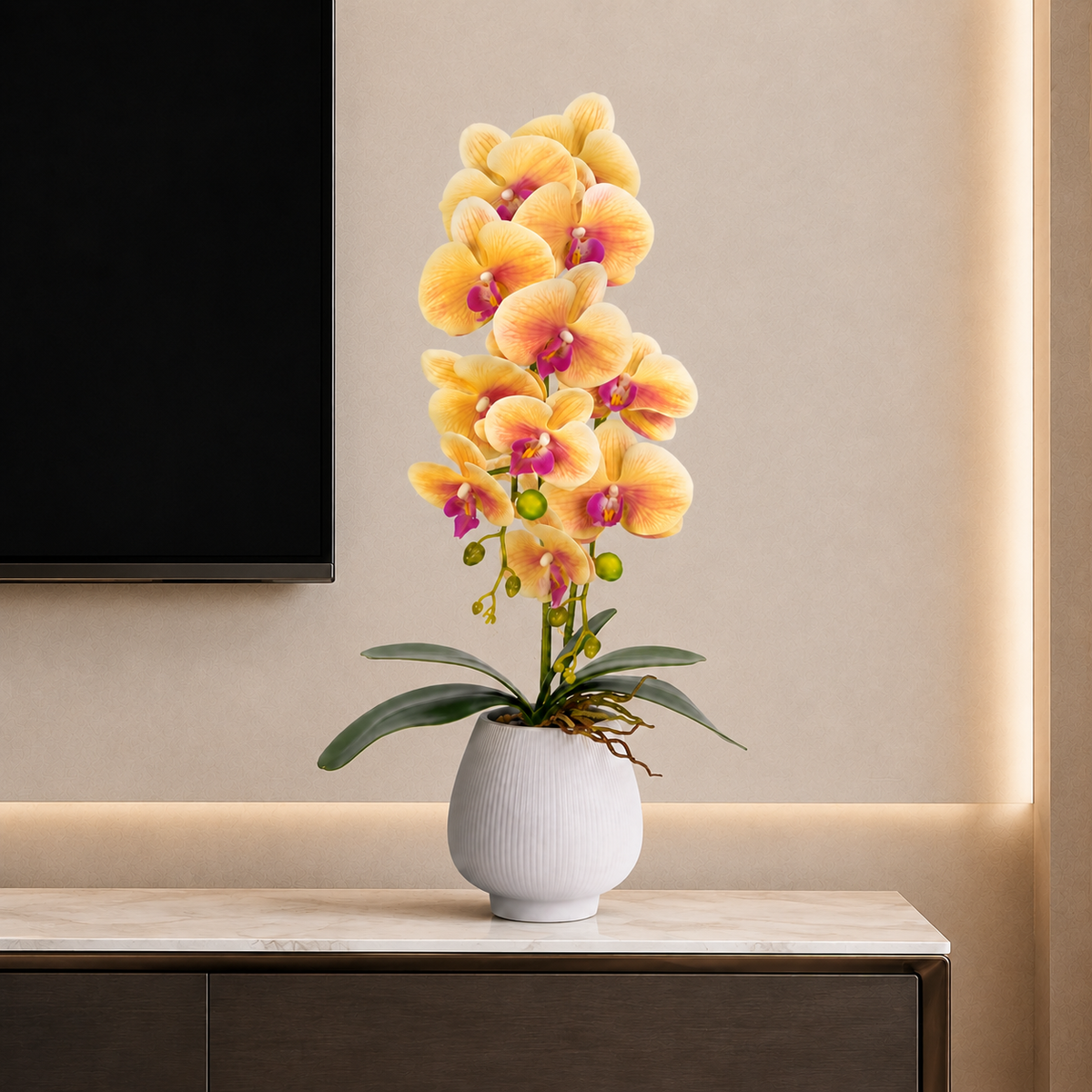 Orhidee Artificială Decorativă în Ghiveci Ceramic – Eleganță Florală și Farmec Natural pentru Orice Interior, 80cm