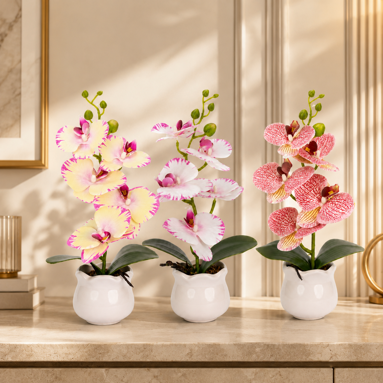 Orhidee Artificială Decorativă în Ghiveci Ceramic – Eleganță Florală pentru Casă și Birou, 49cm