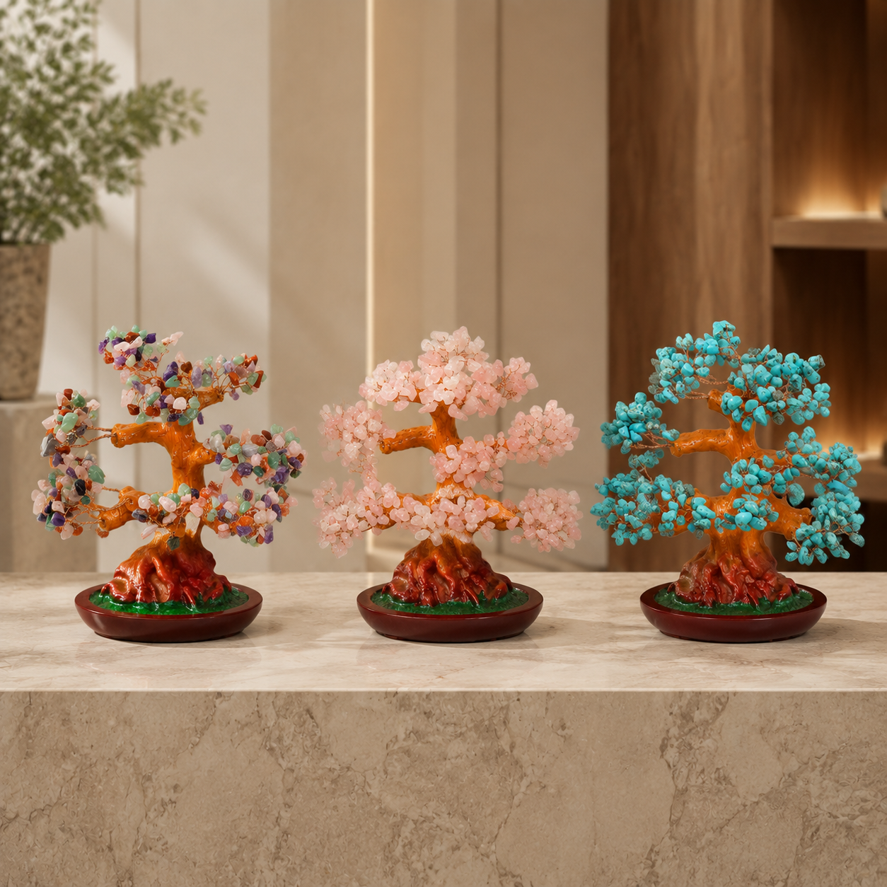 Copac Feng Shui Decorativ cu Pietre Semiprețioase și Suport Ceramic – Armonie și Eleganță, 22 cm