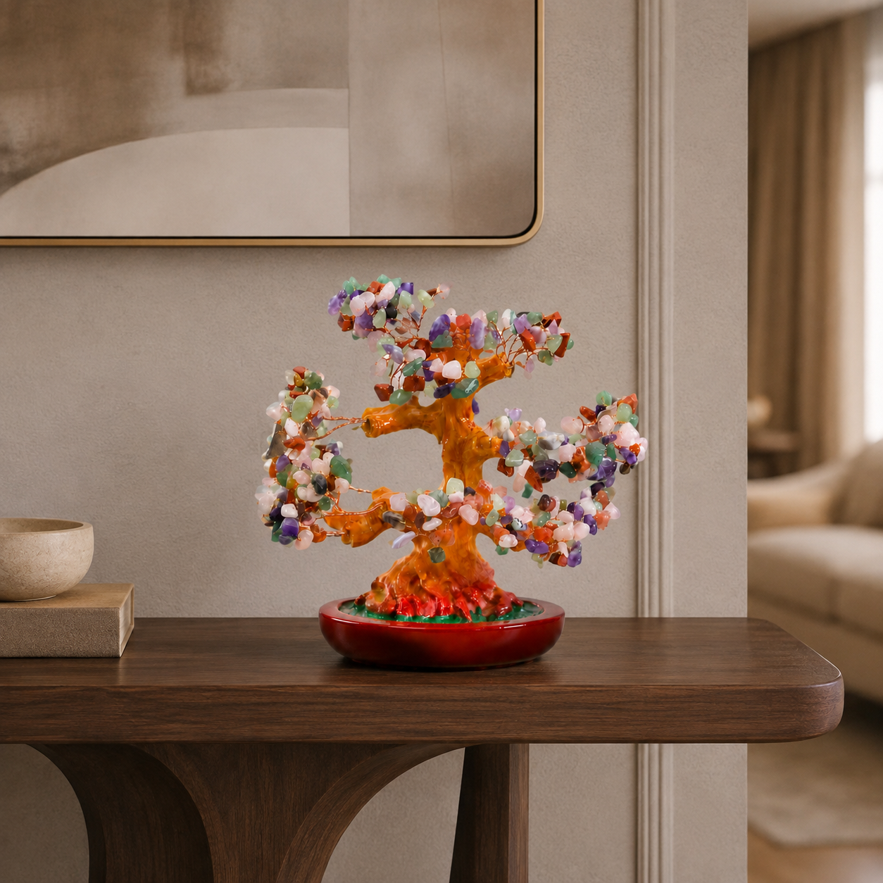 Copac Feng Shui Decorativ cu Pietre Semiprețioase și Suport Ceramic – Armonie și Eleganță, 22 cm