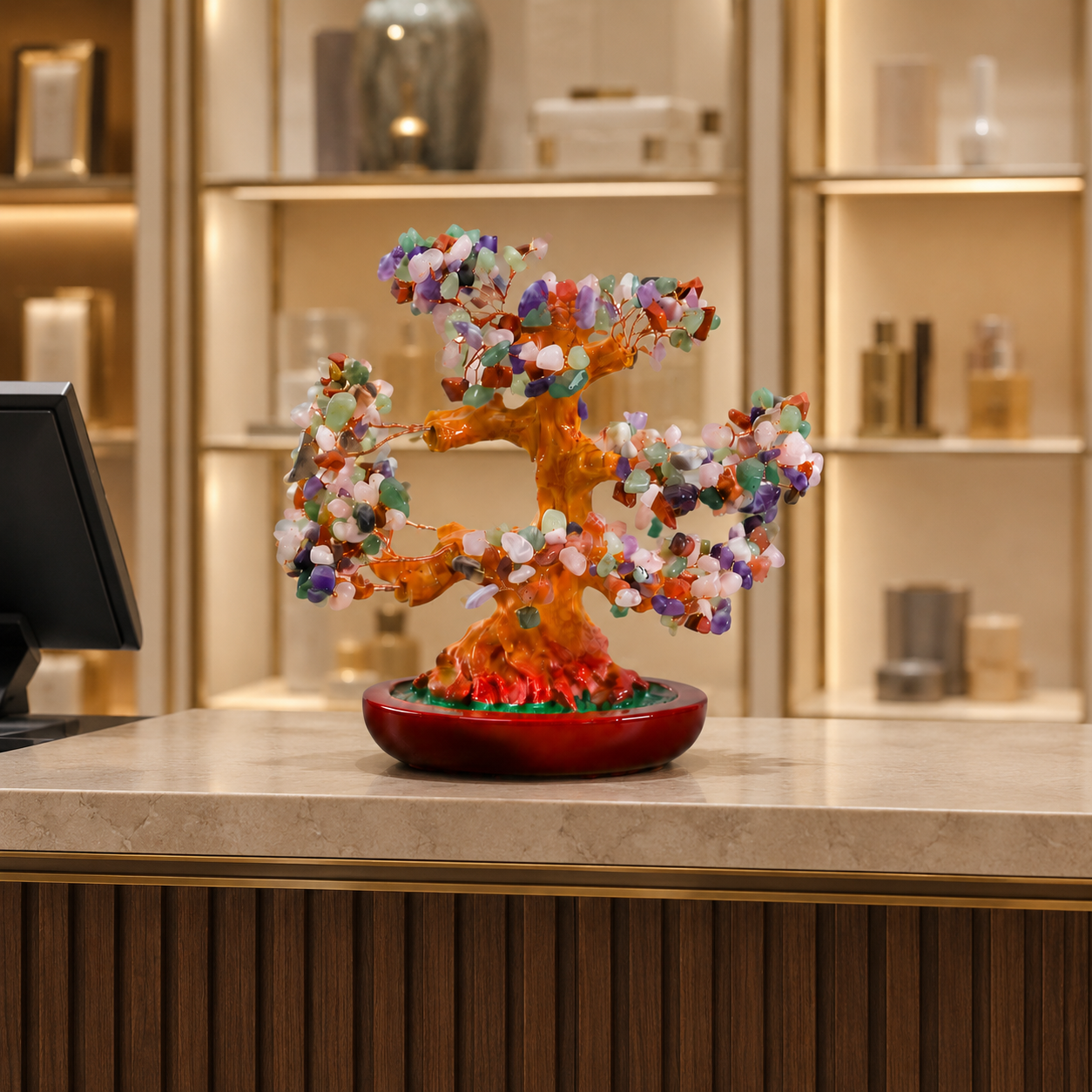 Copac Feng Shui Decorativ cu Pietre Semiprețioase și Suport Ceramic – Armonie și Eleganță, 22 cm