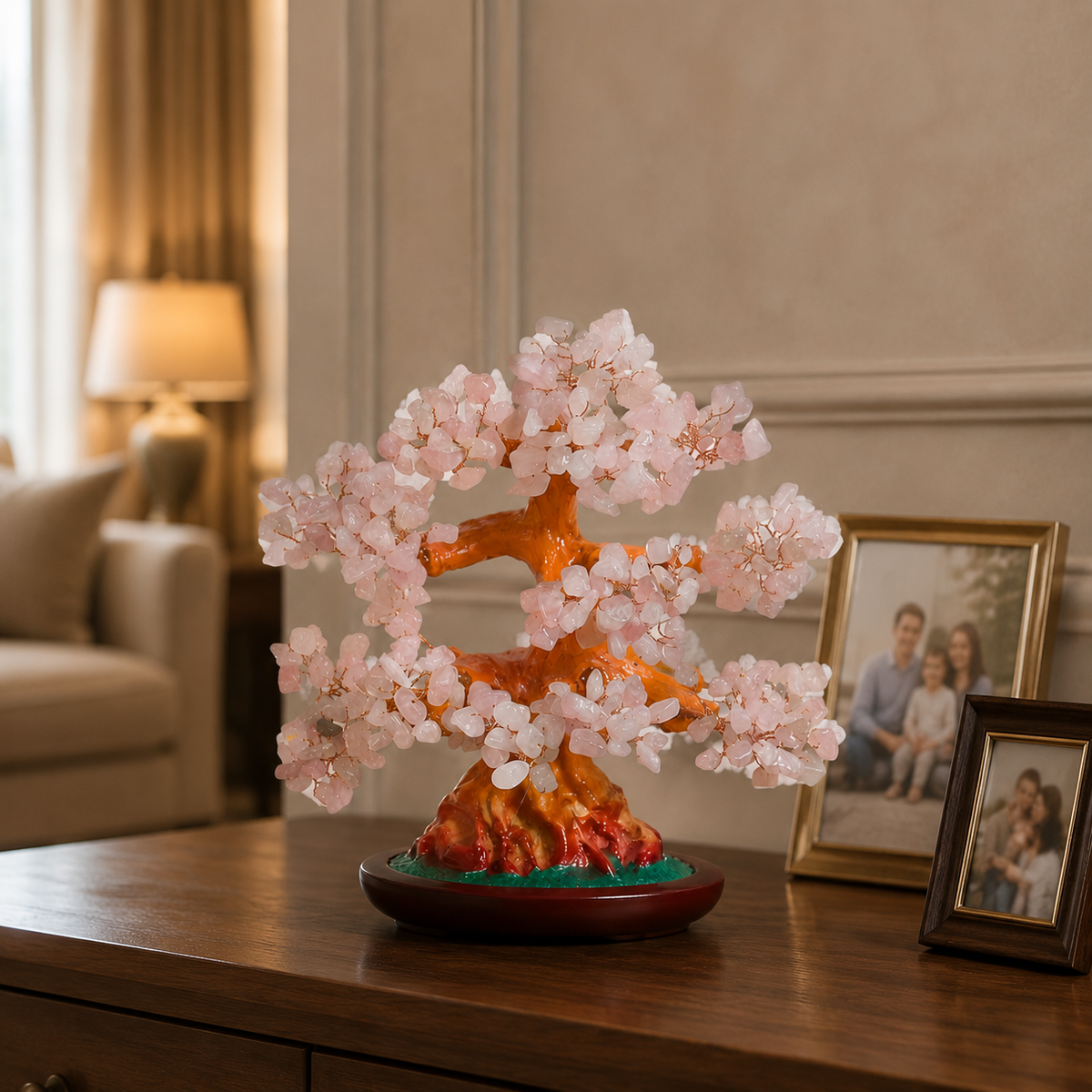 Copac Feng Shui Decorativ cu Pietre Semiprețioase și Suport Ceramic – Armonie și Eleganță, 22 cm