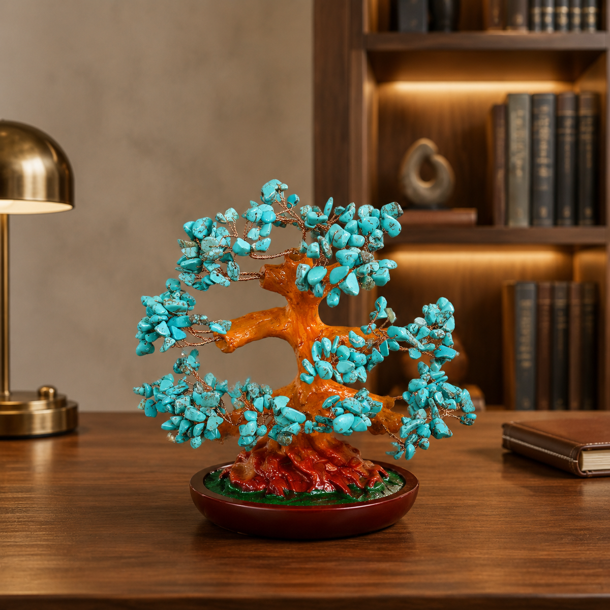 Copac Feng Shui Decorativ cu Pietre Semiprețioase și Suport Ceramic – Armonie și Eleganță, 22 cm