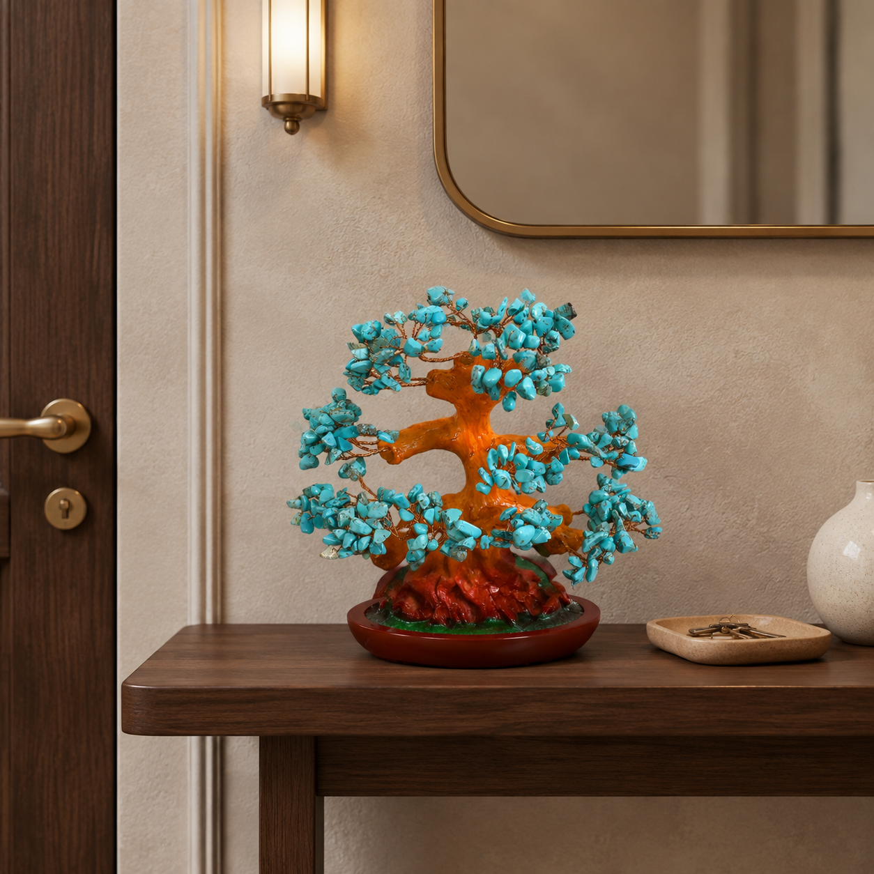 Copac Feng Shui Decorativ cu Pietre Semiprețioase și Suport Ceramic – Armonie și Eleganță, 22 cm