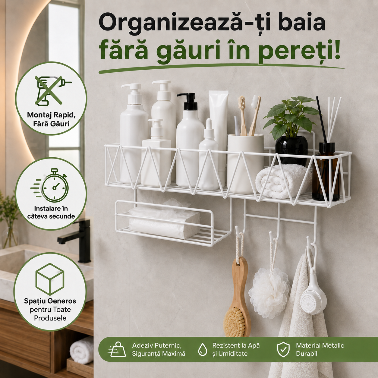 Raft Metalic Premium pentru Baie, Organizator Multifuncțional cu Montaj Fără Găuri
