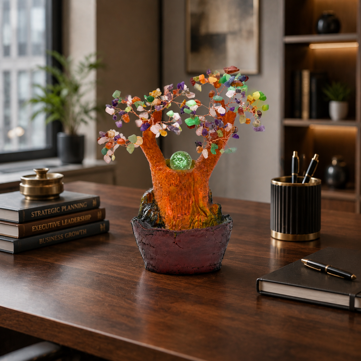 Fântână Decorativă cu Copac Feng Shui și Pietre Semiprețioase, Iluminare LED, Pompă Submersibilă, 23 cm