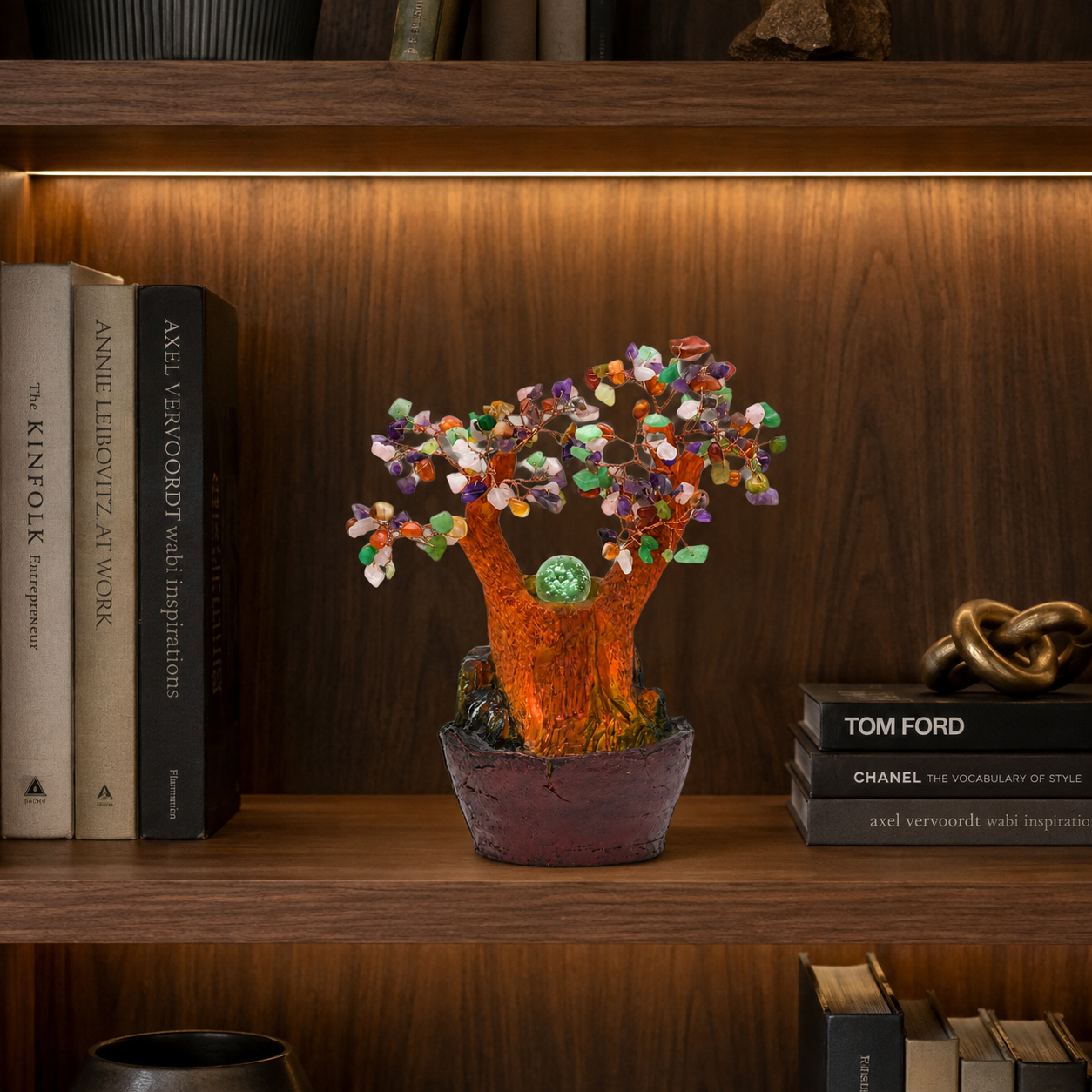 Fântână Decorativă cu Copac Feng Shui și Pietre Semiprețioase, Iluminare LED, Pompă Submersibilă, 23 cm