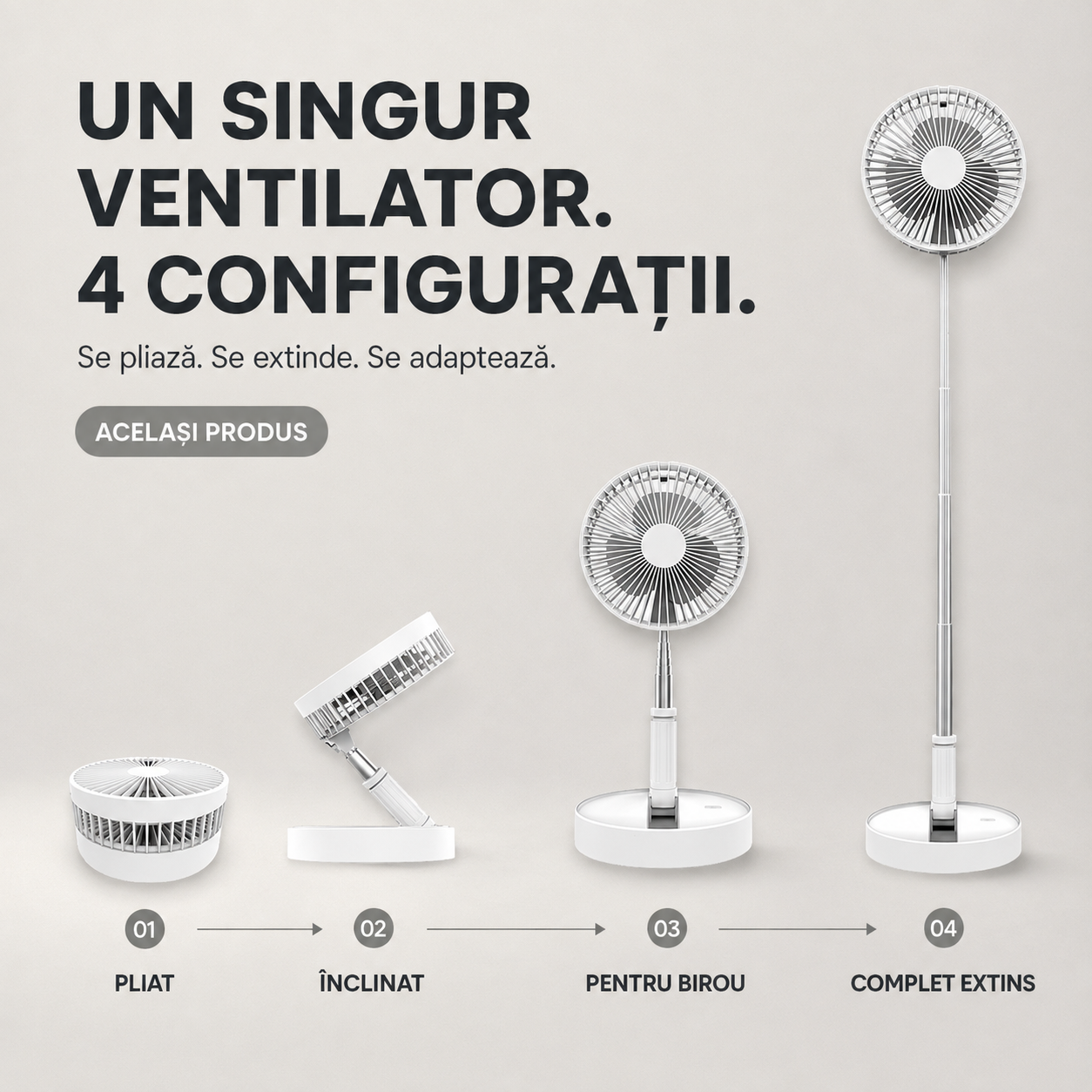 Ventilator Telescopic Portabil și Pliabil, Putere 4.8W, 3 Trepte de Viteză, Autonomie Sporită cu Acumulator de 3000 mAh, Încărcare USB