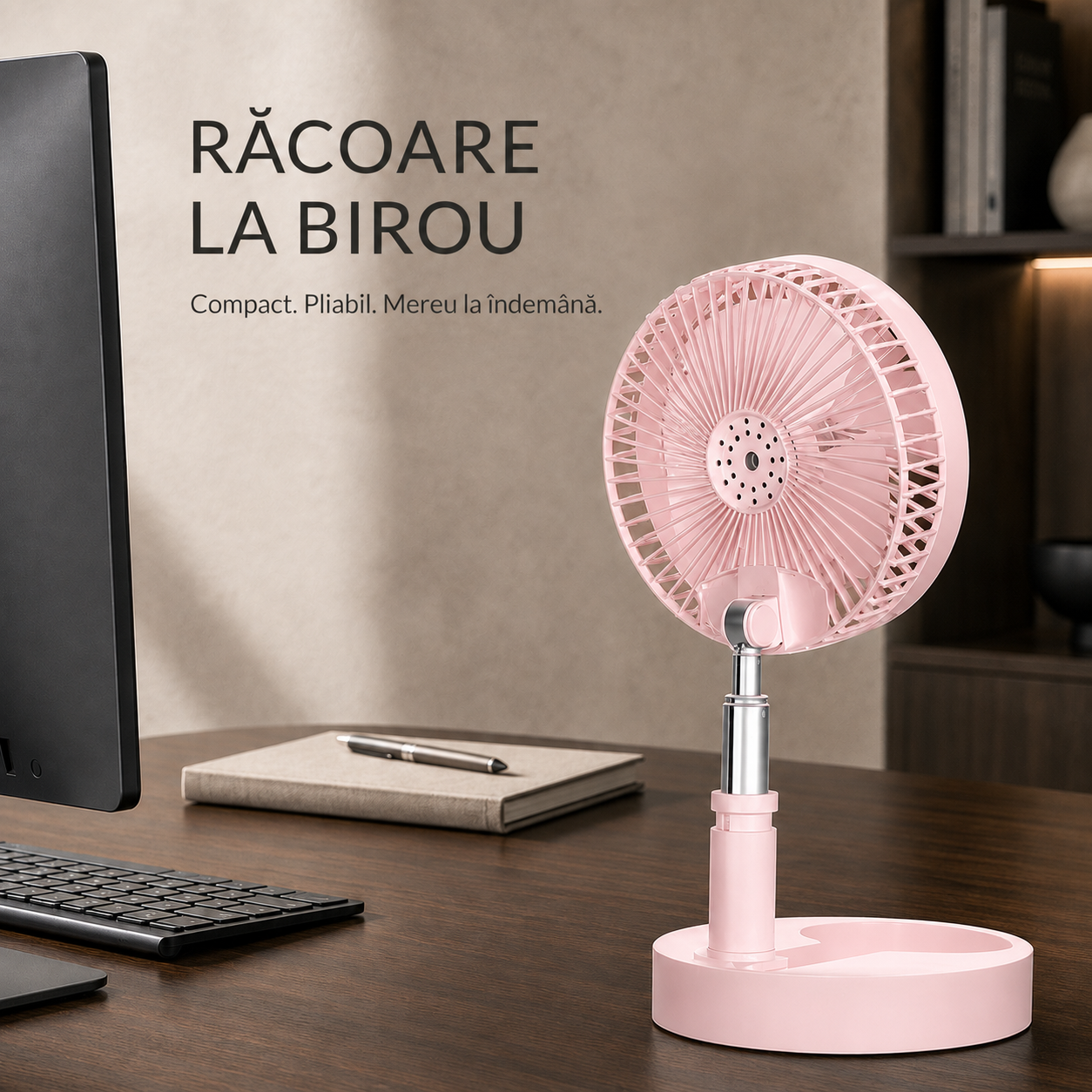 Ventilator Telescopic Portabil și Pliabil, Putere 4.8W, 3 Trepte de Viteză, Autonomie Sporită cu Acumulator de 3000 mAh, Încărcare USB