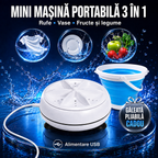 Mini Mașină Portabilă Multifuncțională 3 în 1 cu USB – Pentru Rufe, Vase, Fructe și Legume + Găleată Pliabilă CADOU