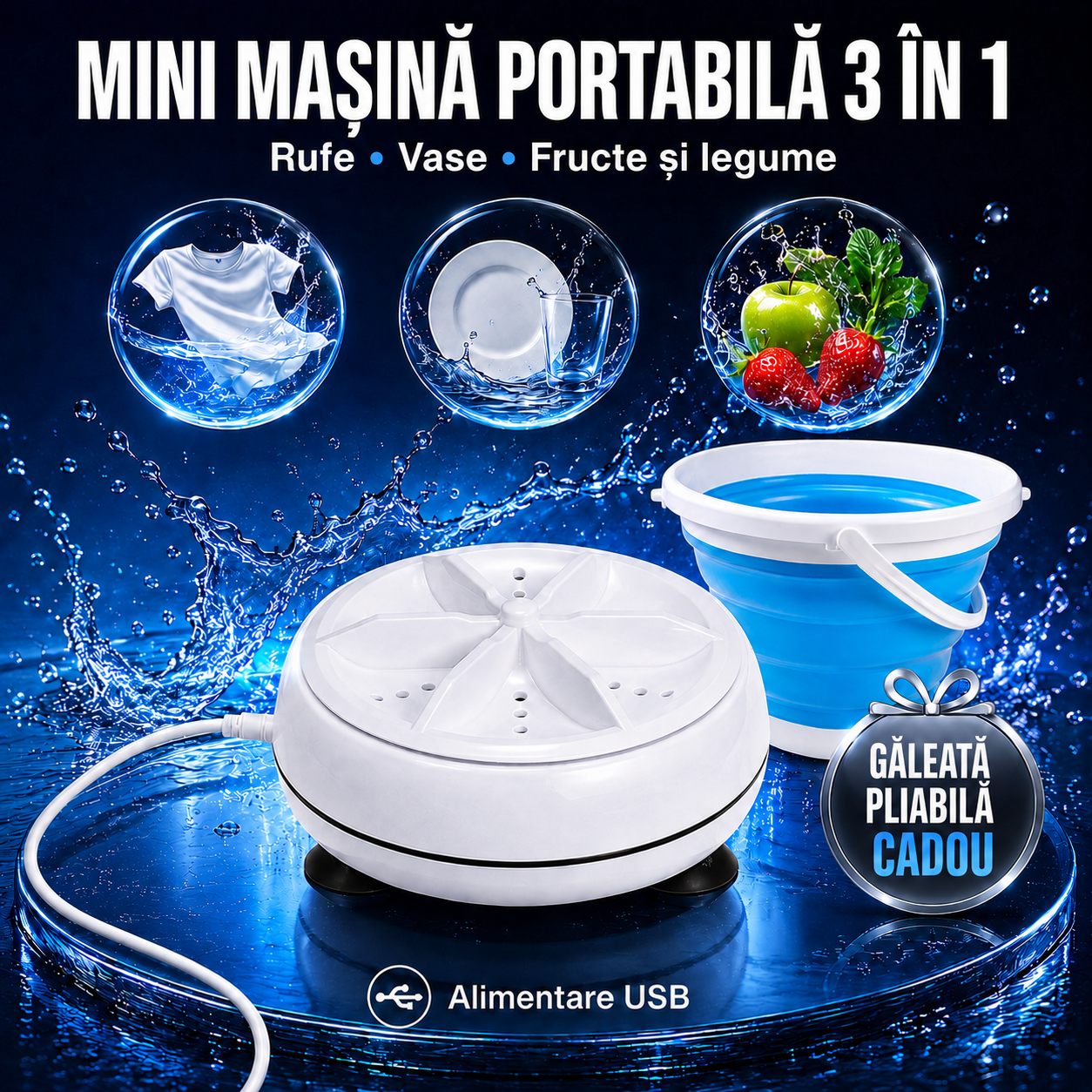 Mini Mașină Portabilă Multifuncțională 3 în 1 cu USB – Pentru Rufe, Vase, Fructe și Legume + Găleată Pliabilă CADOU