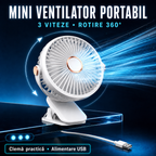 Mini Ventilator pentru Carut, 3 Viteze, Rotire 360°, alimentare USB, Clema (Clips),