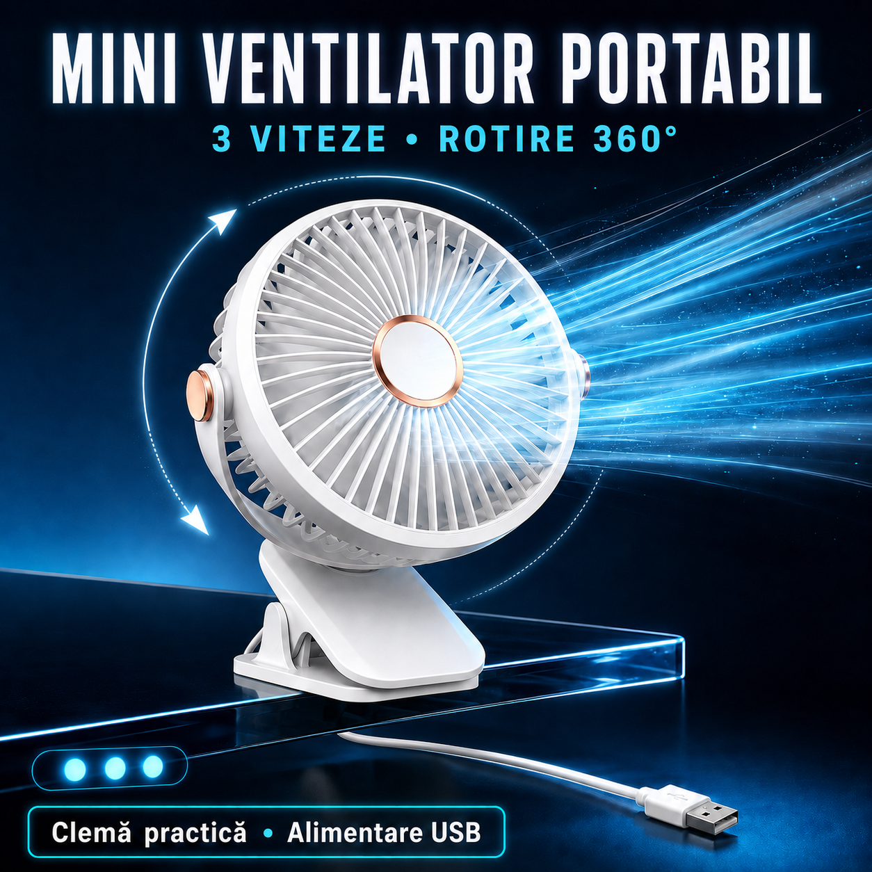 Mini Ventilator pentru Carut, 3 Viteze, Rotire 360°, alimentare USB, Clema (Clips),