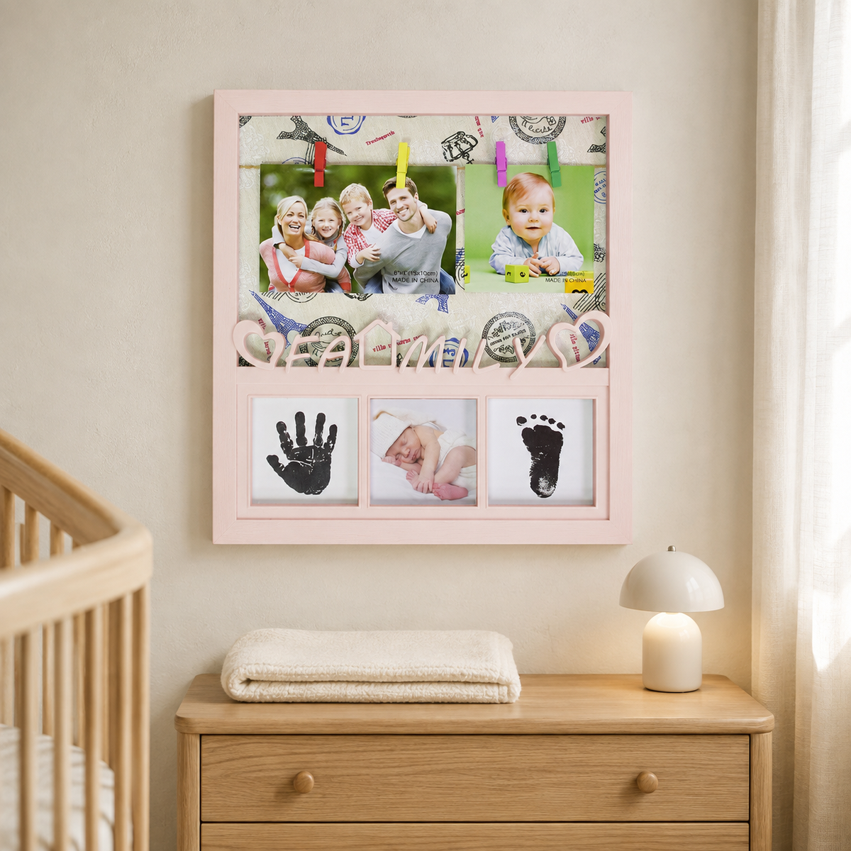 Ramă Foto „Amintiri de-o Viață” – cu 5 Fotografii și Kit Amprente Bebeluș, 35 × 32 cm