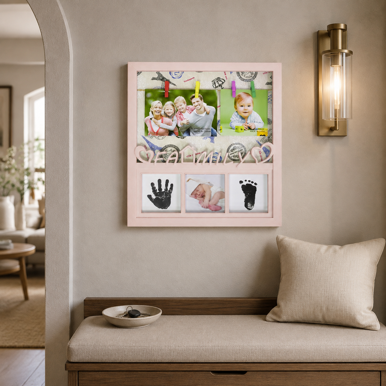 Ramă Foto „Amintiri de-o Viață” – cu 5 Fotografii și Kit Amprente Bebeluș, 35 × 32 cm