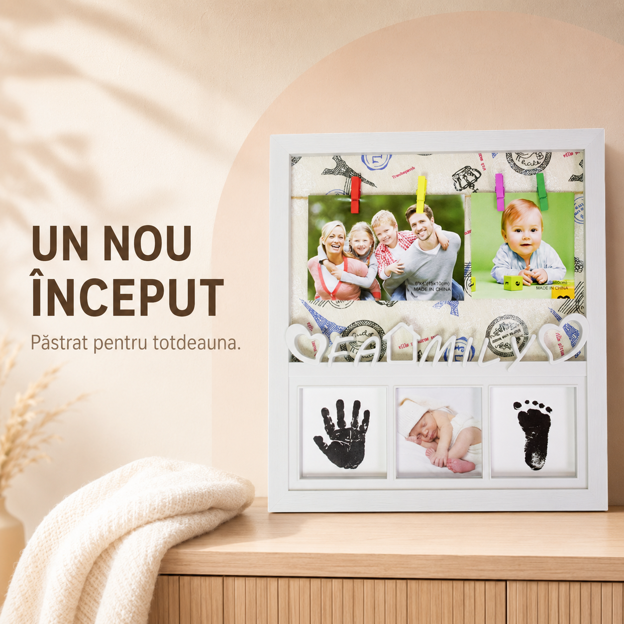 Ramă Foto „Amintiri de-o Viață” – cu 5 Fotografii și Kit Amprente Bebeluș, 35 × 32 cm