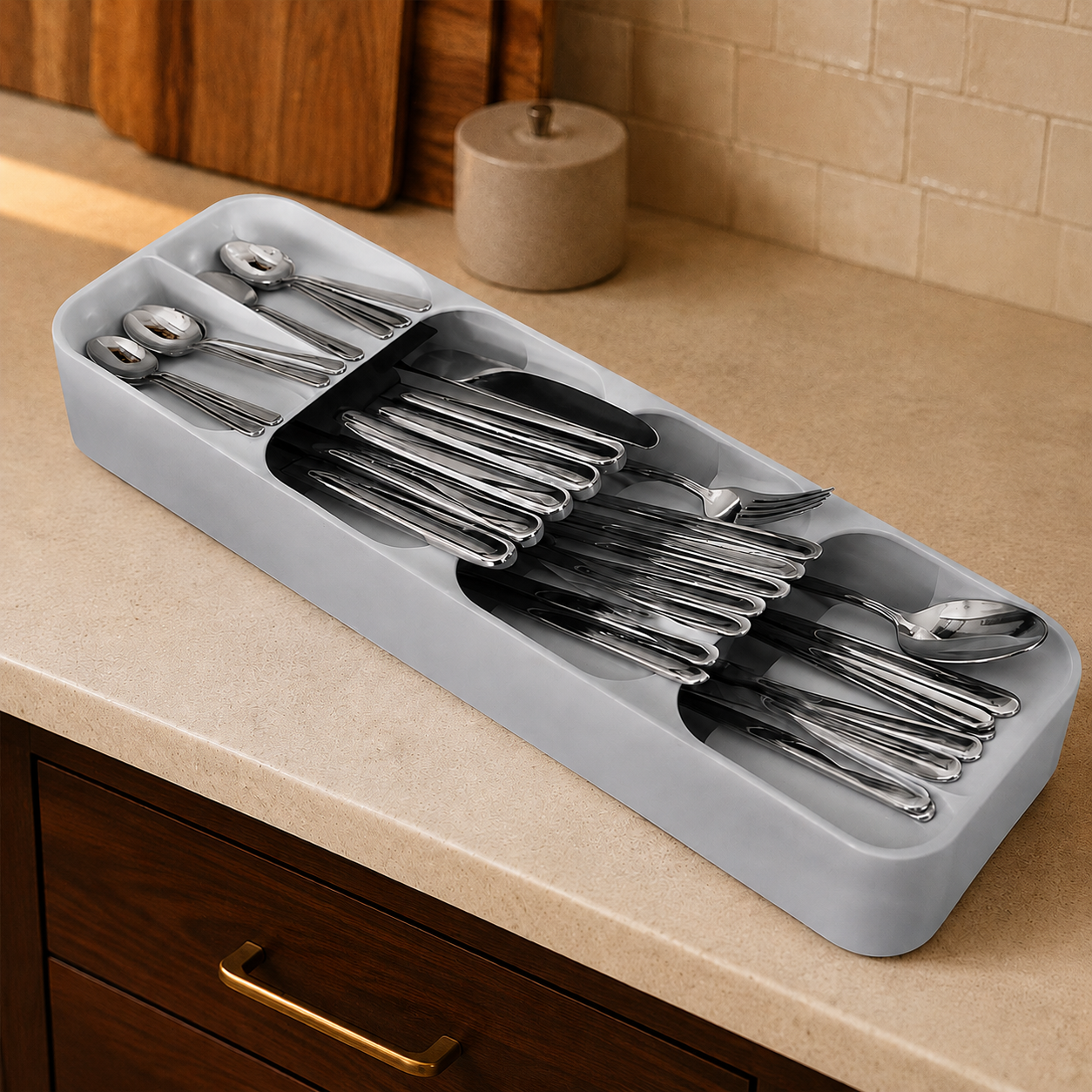 Organizator din Plastic pentru Tacâmuri, 40 x 11 x 5,4 cm, Gri