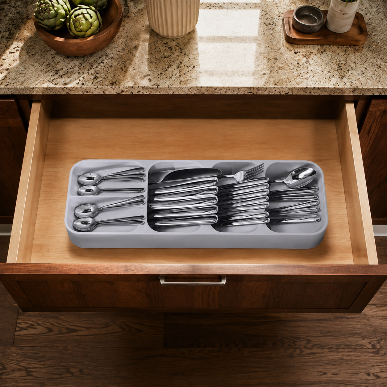 Organizator din Plastic pentru Tacâmuri, 40 x 11 x 5,4 cm, Gri