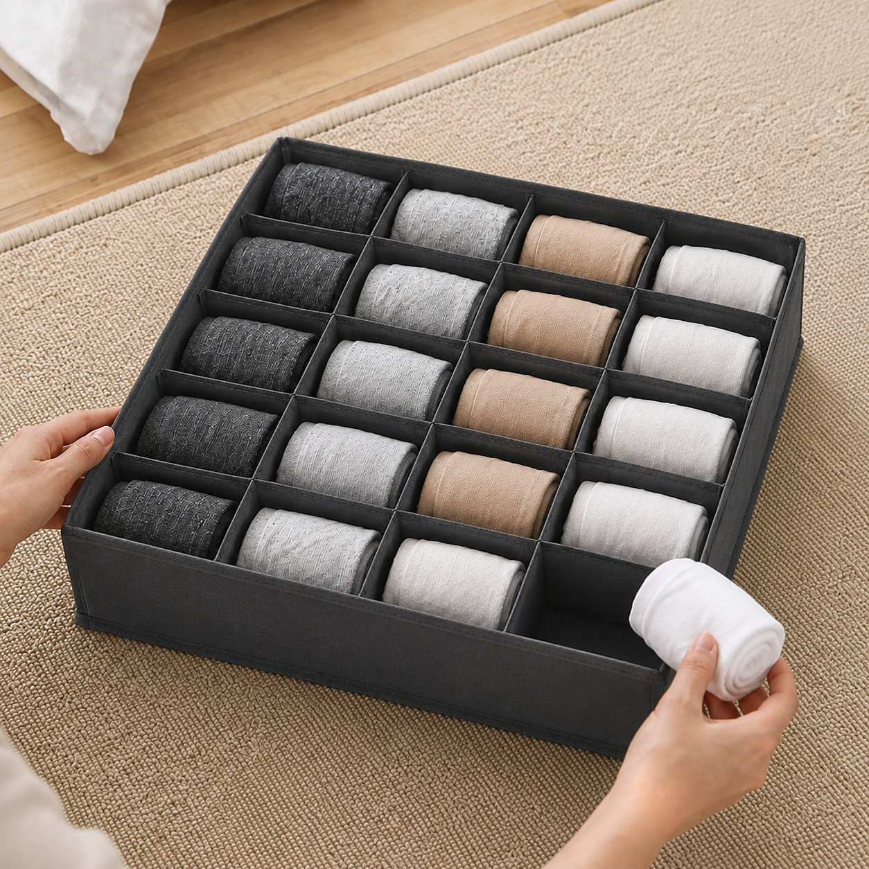Organizator Pliabil pentru Dulap sau Sertar, 20 Compartimente, 30 × 30 × 10 cm, Gri