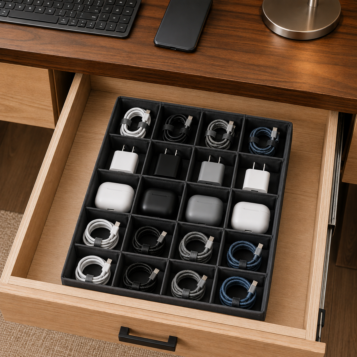 Organizator Pliabil pentru Dulap sau Sertar, 20 Compartimente, 30 × 30 × 10 cm, Gri