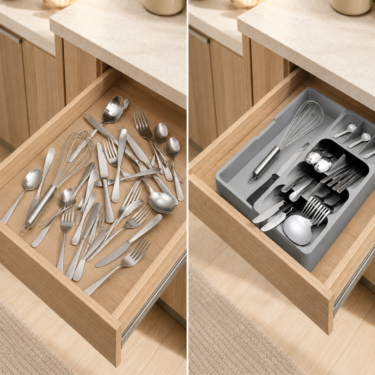 Organizator Extensibil din Plastic pentru Tacâmuri, 40,5 x  16,7–30 cm (Lățime Reglabilă) × 6 cm