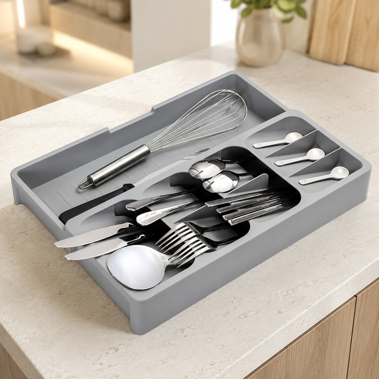 Organizator Extensibil din Plastic pentru Tacâmuri, 40,5 x  16,7–30 cm (Lățime Reglabilă) × 6 cm