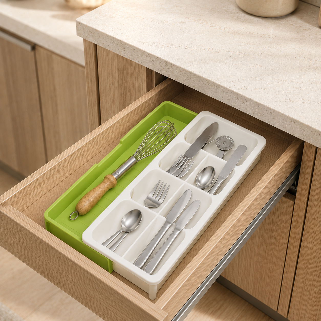 Organizator Extensibil din Plastic pentru Tacâmuri, 40,5 x  16,7–30 cm (Lățime Reglabilă) × 6 cm