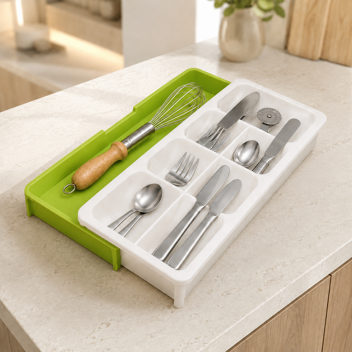 Organizator Extensibil din Plastic pentru Tacâmuri, 40,5 x  16,7–30 cm (Lățime Reglabilă) × 6 cm