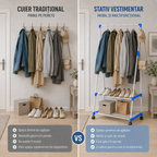 Stativ Vestimentar Multifuncțional Urban Loft, Cadru Metalic, Bară pentru Haine și Prosoape, 2 Rafturi și Roți 360° cu Blocare, 150 × 68 × 49 cm