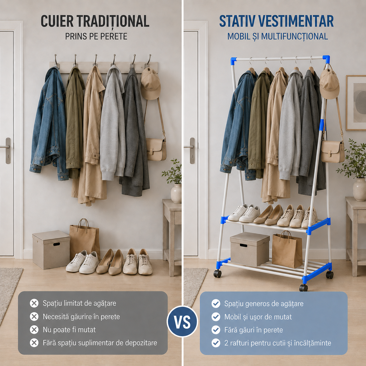 Stativ Vestimentar Multifuncțional Urban Loft, Cadru Metalic, Bară pentru Haine și Prosoape, 2 Rafturi și Roți 360° cu Blocare, 150 × 68 × 49 cm